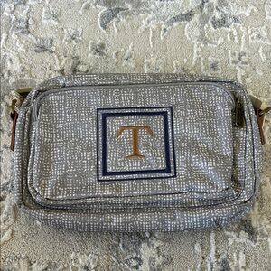Thirty-One Gray Crossbody Bag with Blue and Tan Accents